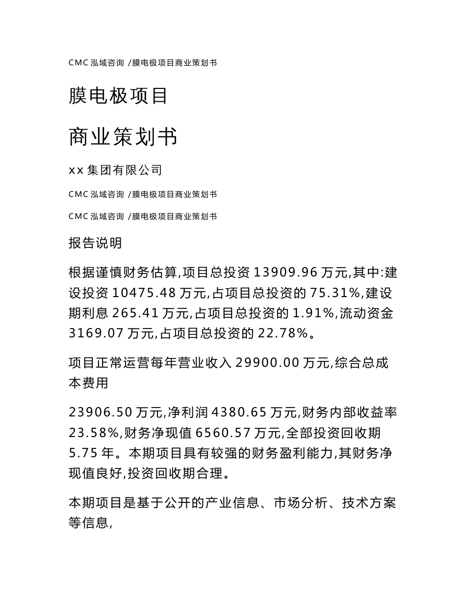 膜电极项目商业策划书-范文_第1页