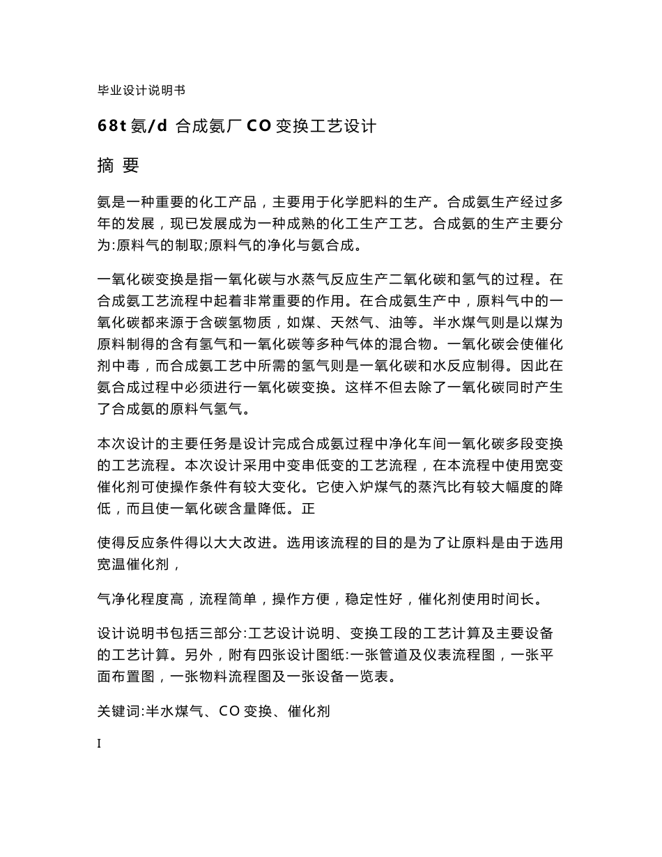 合成氨厂CO变换工艺设计说明书_第1页