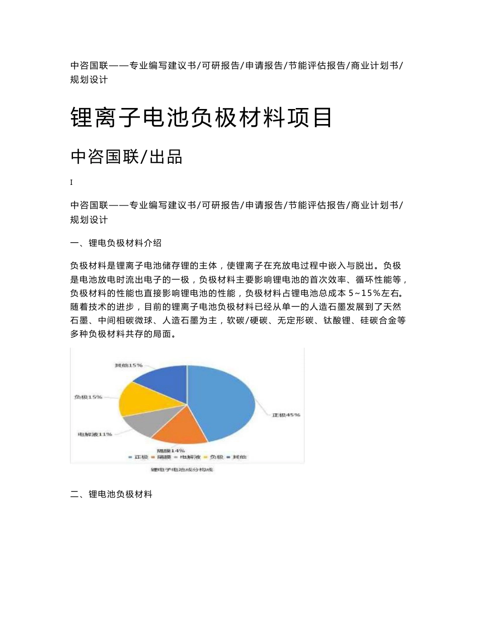 锂离子电池负极材料项目可行性研究报告申请报告案例可编辑_第1页