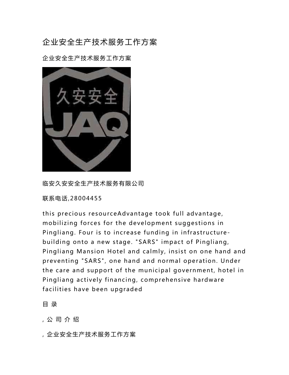 企业安全生产技术服务工作方案.doc_第1页