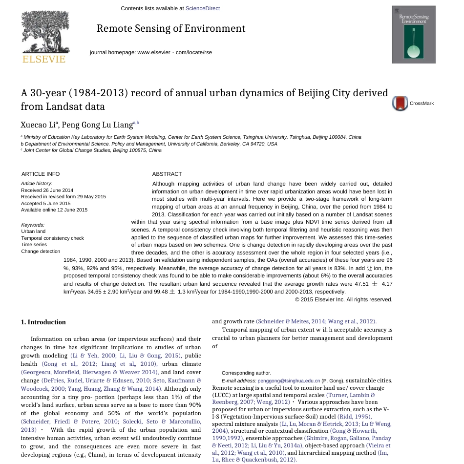 A 30year 1984–2013 record of annual urban dynamics of Beijing City derived from Landsat data  _第1页