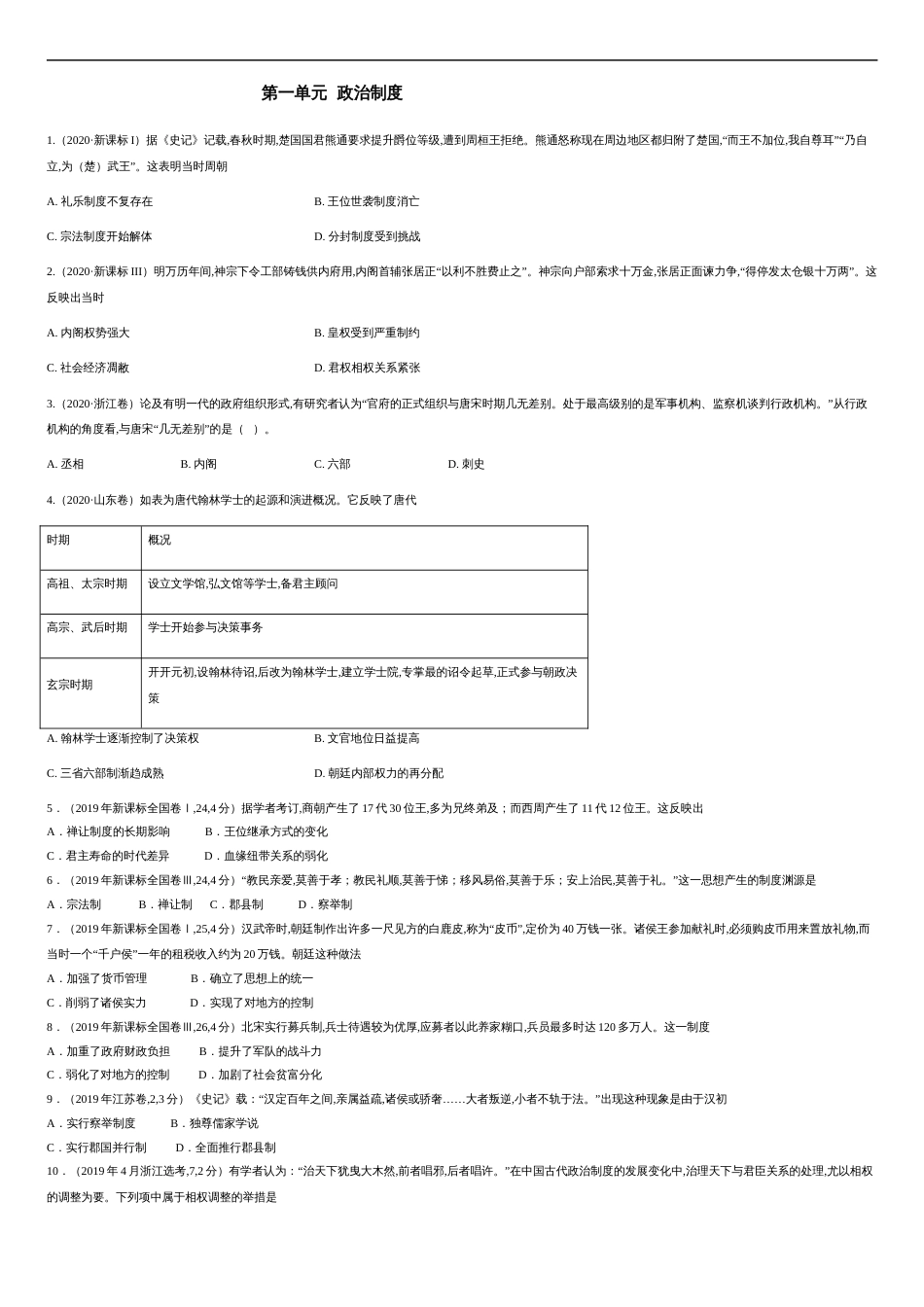 第一单元 政治制度【真题训练】—2020-2021学年高二历史单元复习一遍过（选择性必修1国家制度与社会治理）_第1页