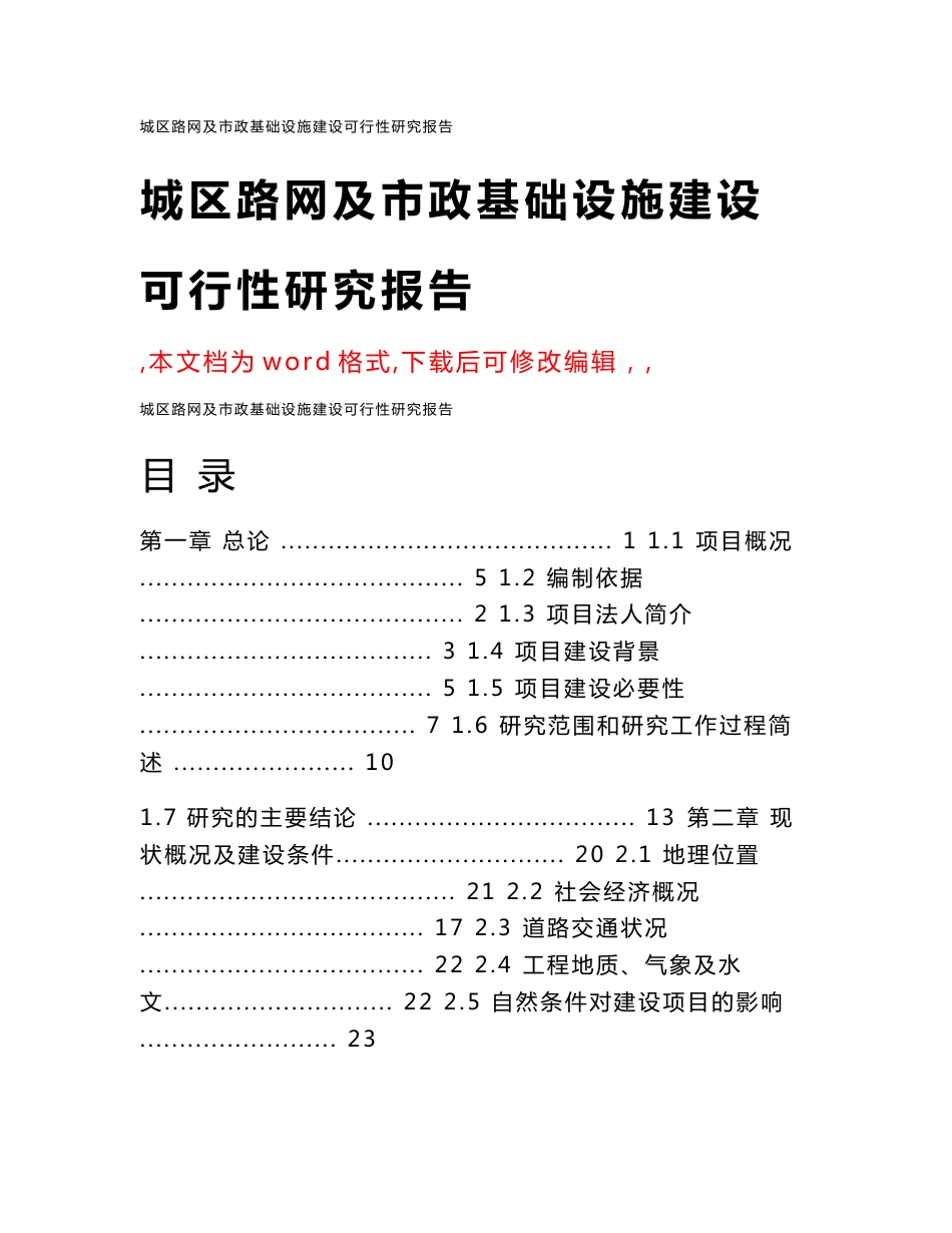 城区路网及市政基础设施建设可行性研究报告_第1页