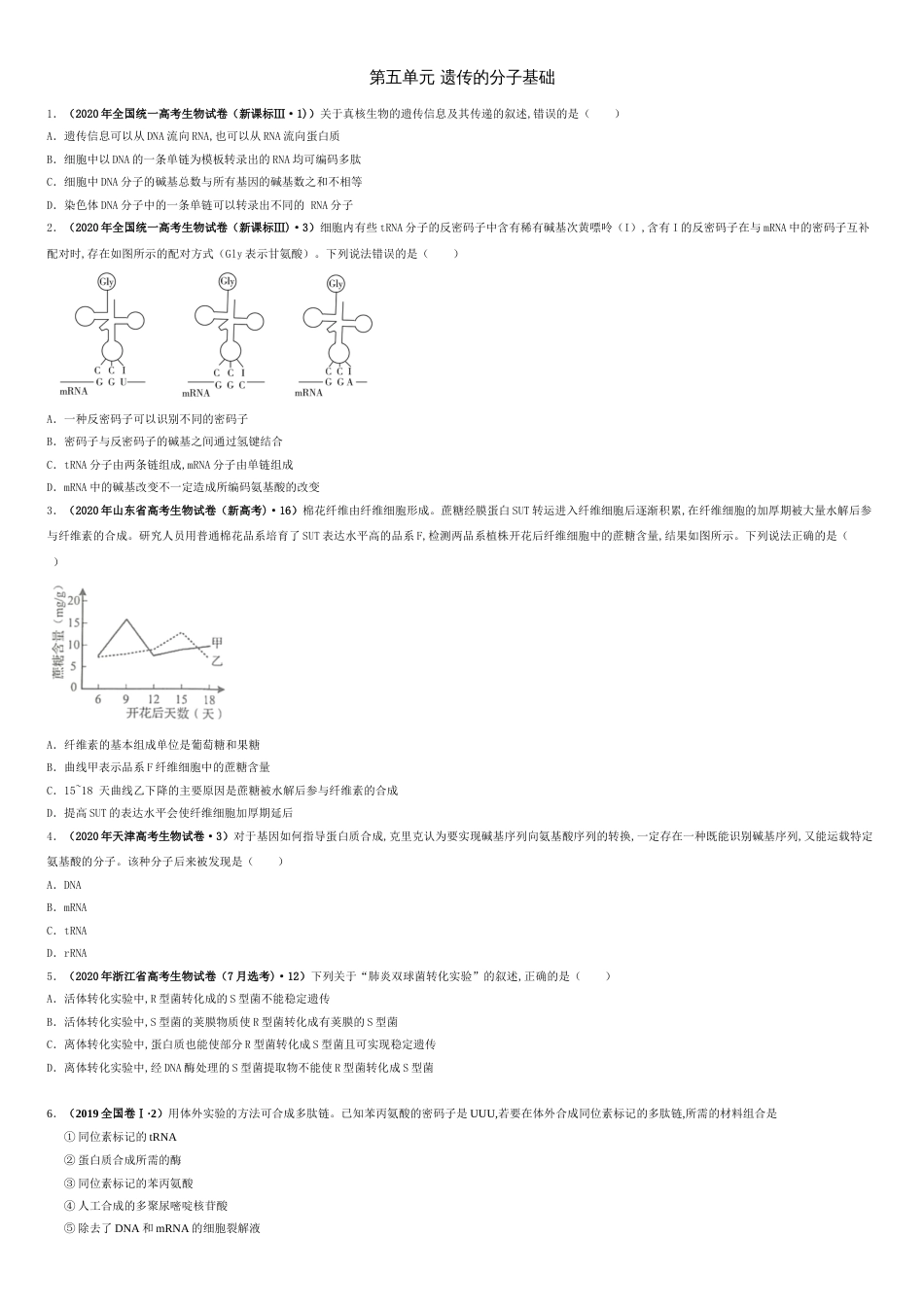 第五单元 遗传的分子基础 【真题训练】-2021年高考一轮生物单元复习一遍过（原卷版)附答案_第1页