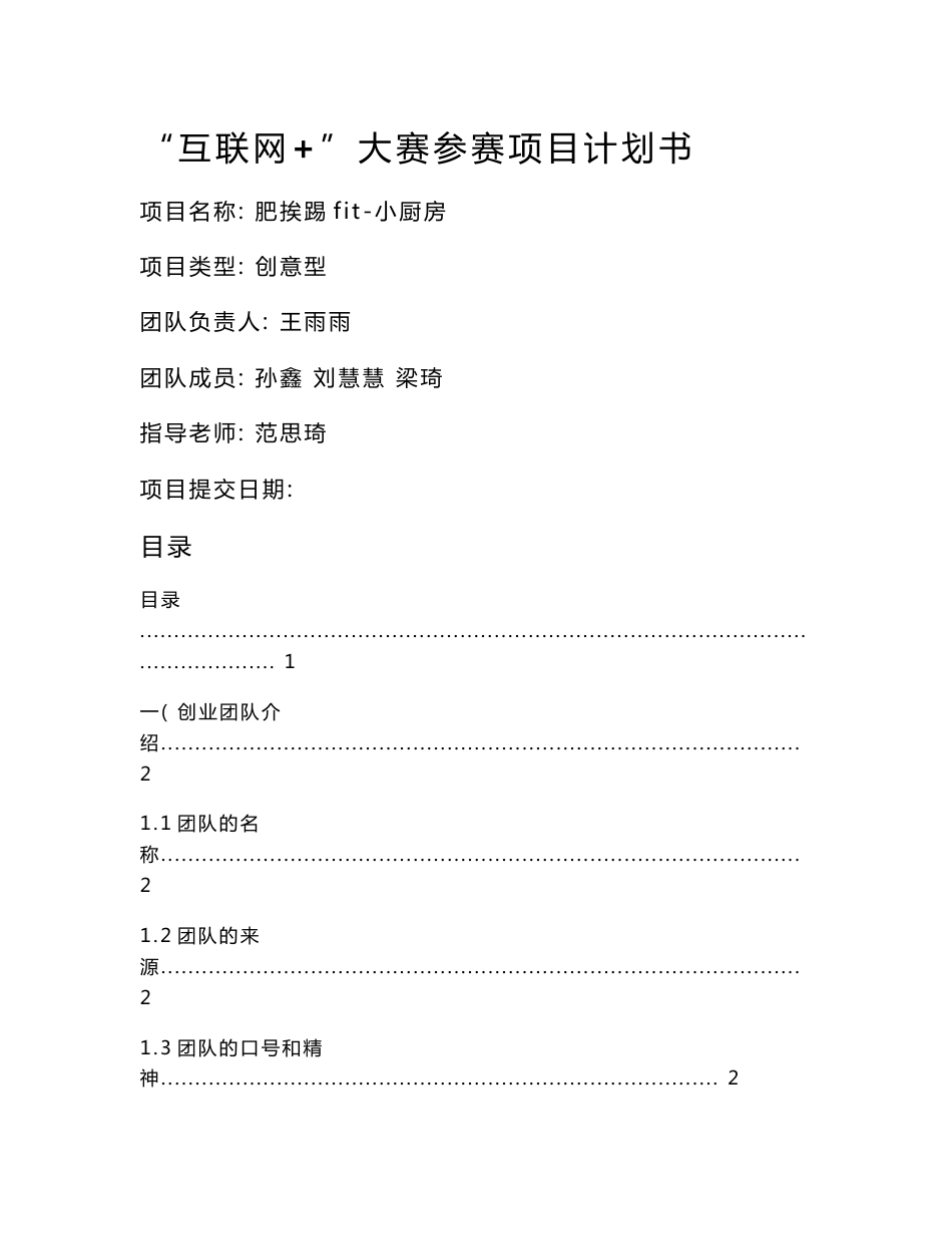 肥挨踢fit-小厨房-互联网+项目计划书_第1页