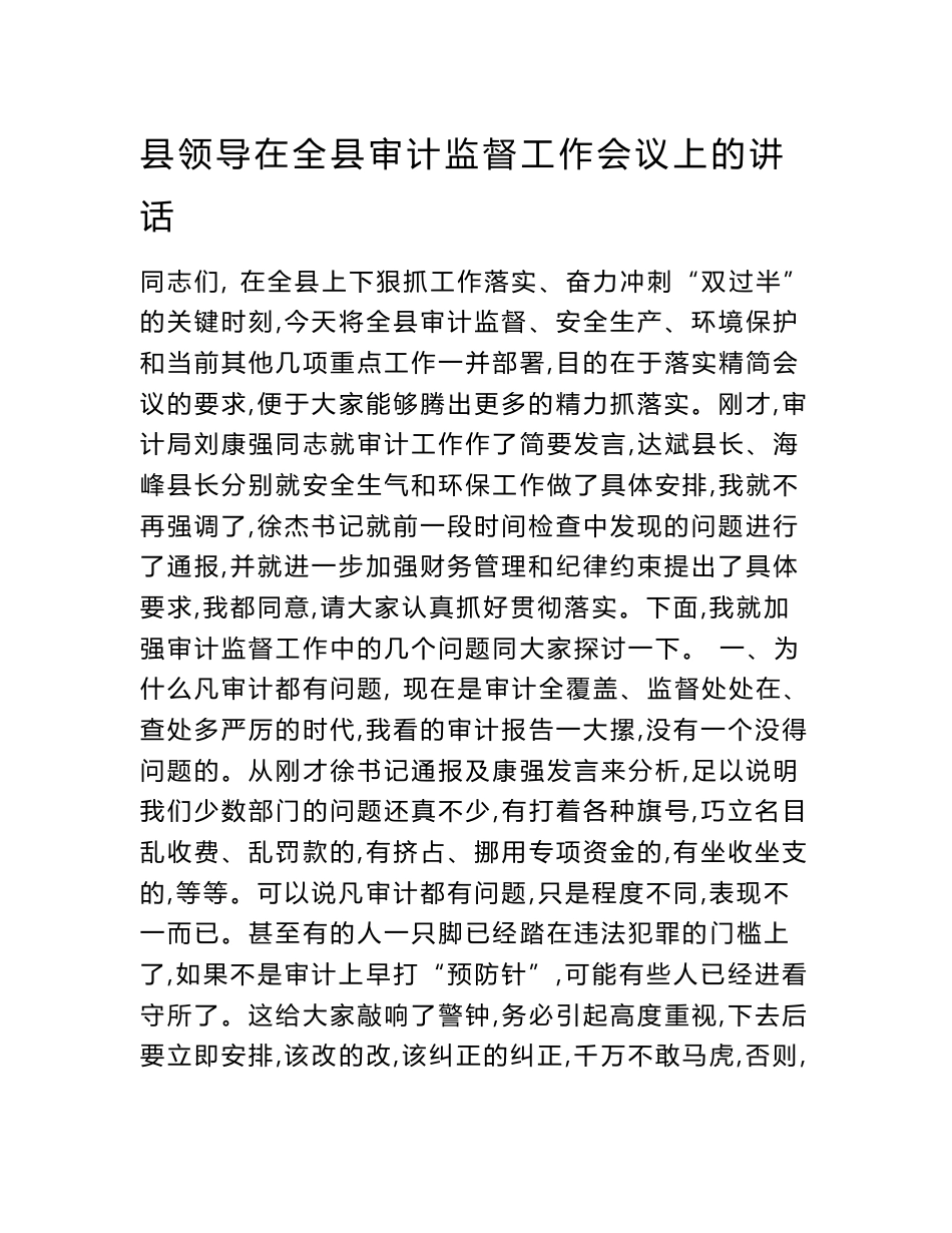 县领导在全县审计监督工作会议上的讲话【精选资料】_第1页