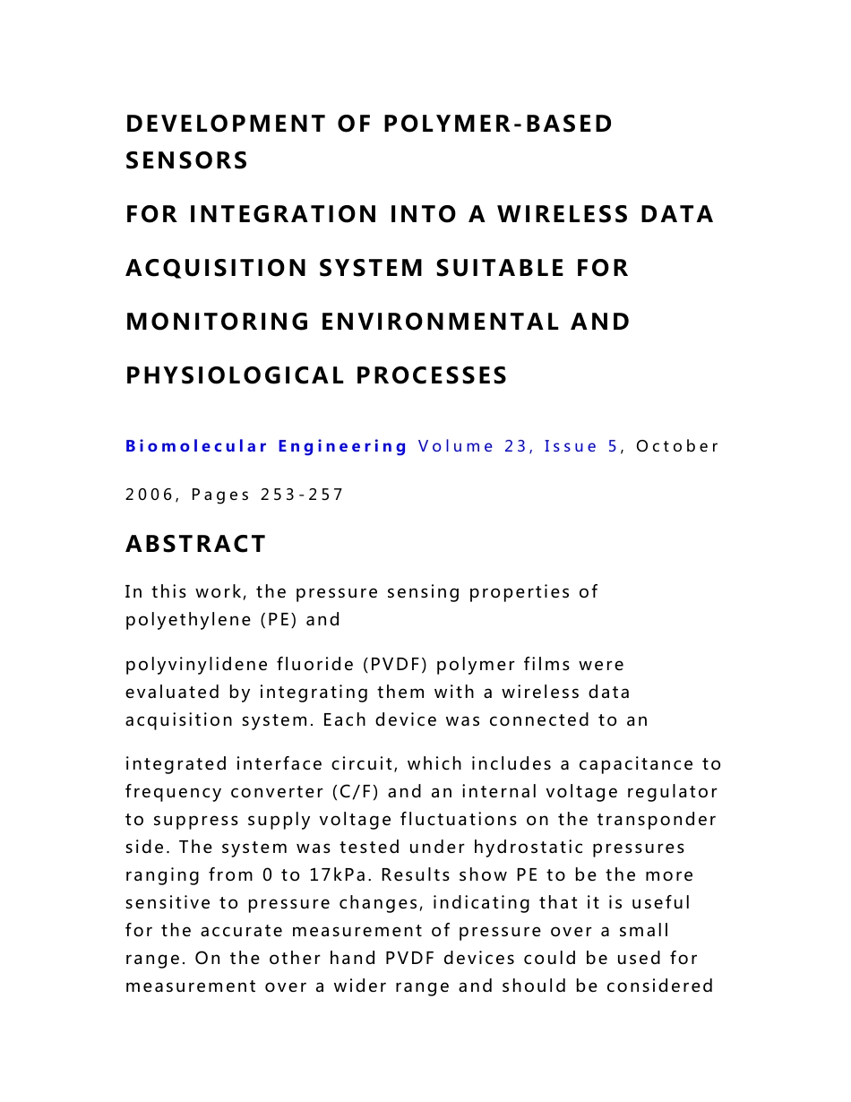 毕业设计论文 外文文献翻译 测控技术与仪器 聚合物传感器集成到无线数据采集系统中以适合监测环境和生理的发展过程_第1页