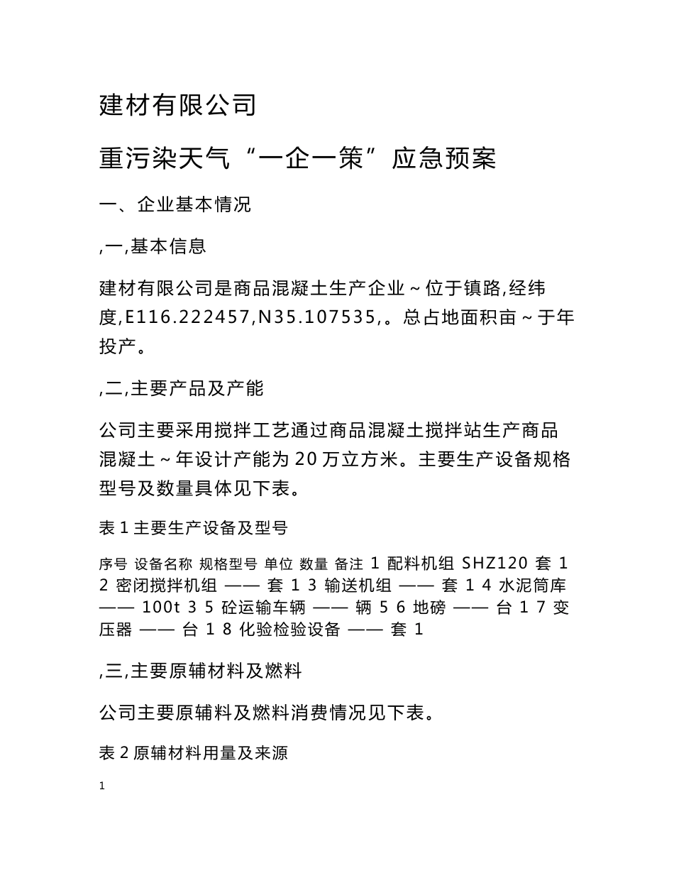 商混站、煤场公司2018年重污染天气“一企一策”应急预案_第1页