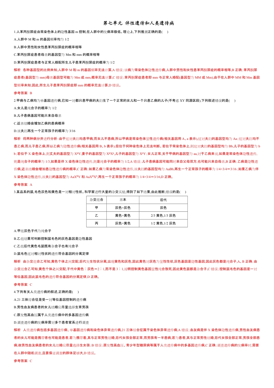 第七单元 伴性遗传和人类遗传病【过关测试】-2021年高考一轮生物单元复习一遍过（解析版）_第1页