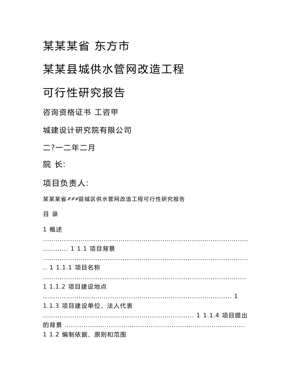 2012年某某县城供水管网改造工程可行性研究报告（市政设计院）_第1页