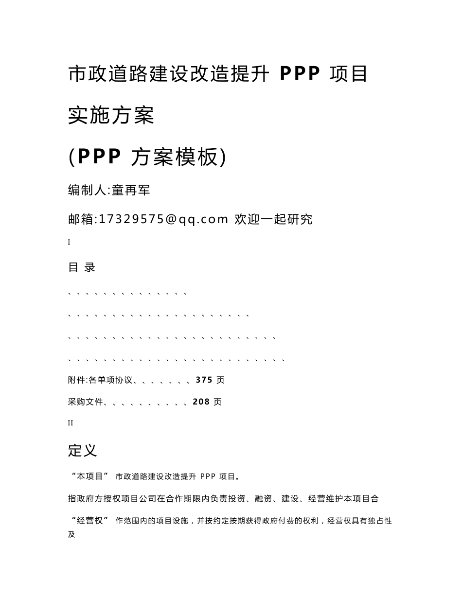 PPP：市政道路PPP项目实施方案_第1页