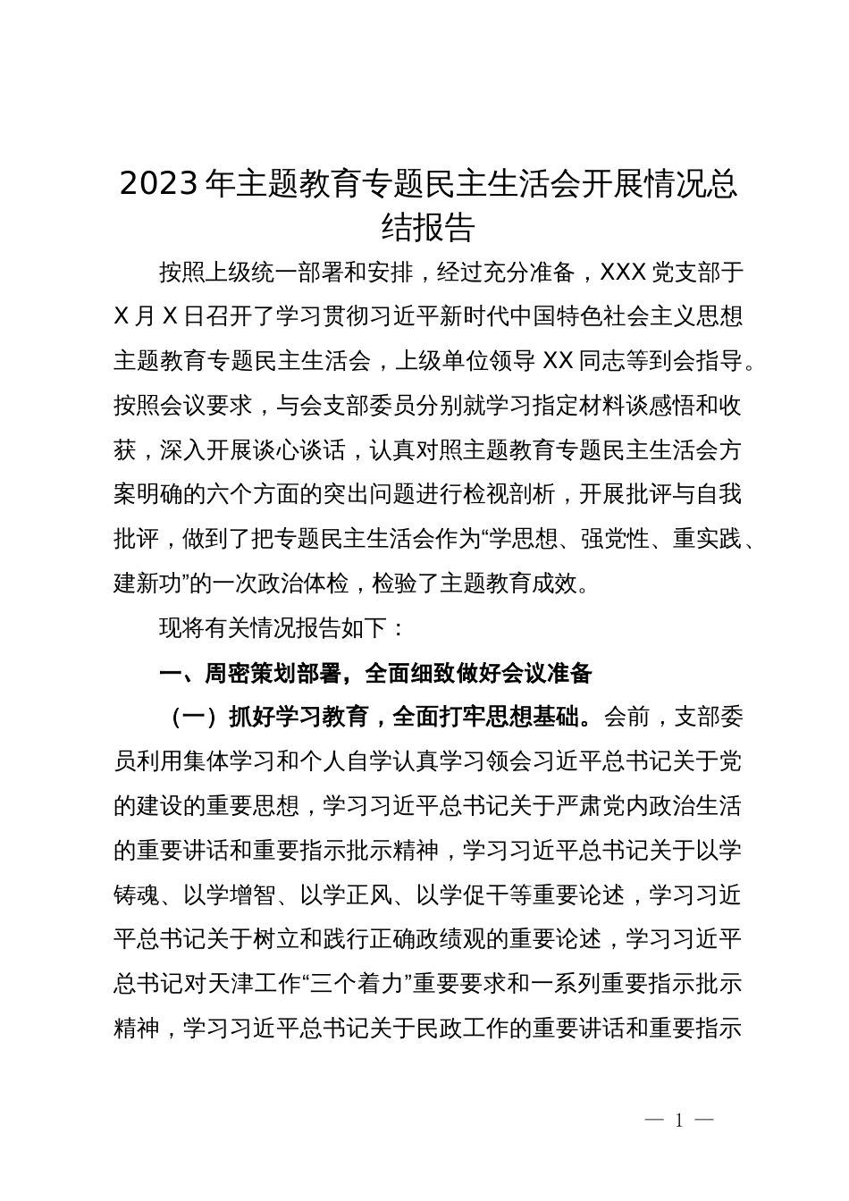 2023年主题教育专题民主生活会开展情况总结报告_第1页