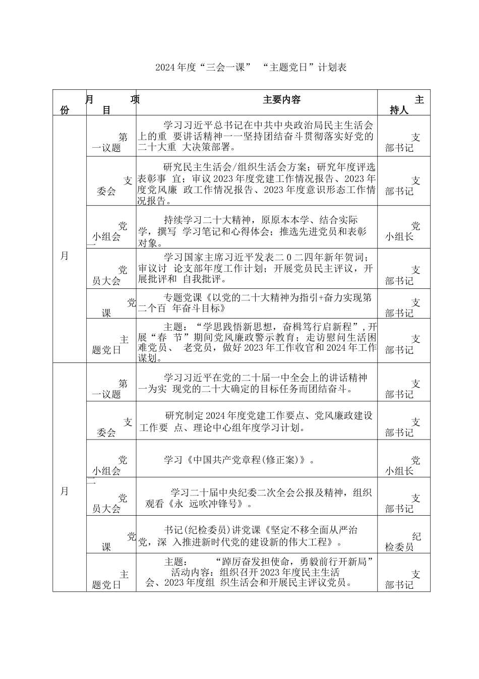 2024年度“三会一课” “主题党日”计划表_第1页