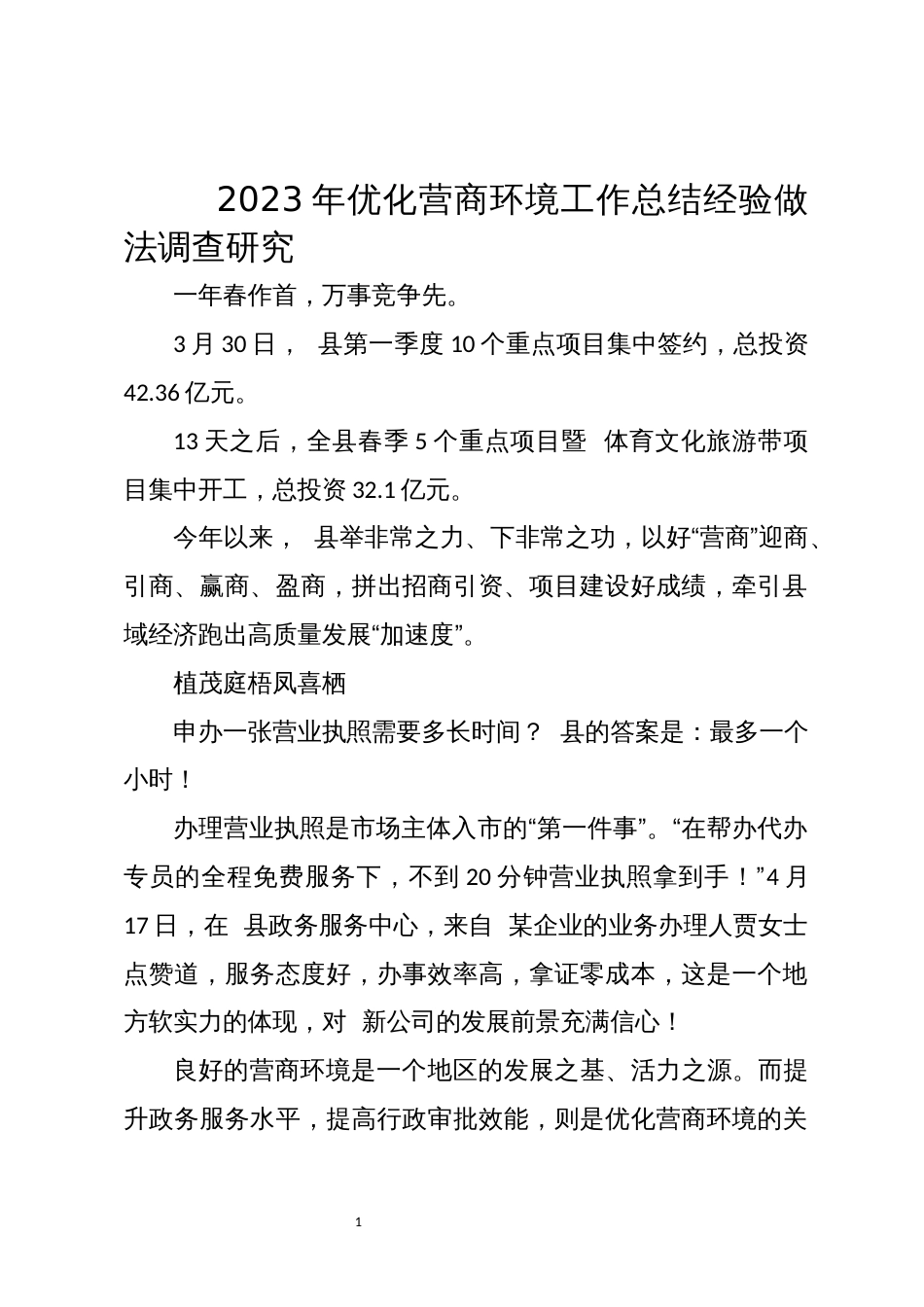 2023年优化营商环境工作总结经验做法调查研究_第1页