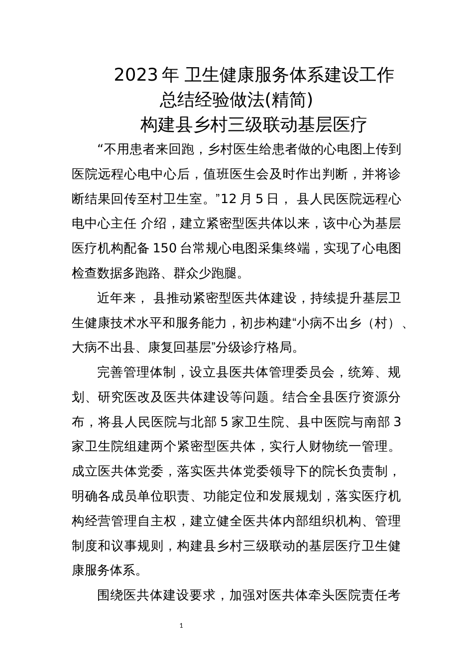 2023年 卫生健康服务体系建设工作总结经验做法(精简)_第1页