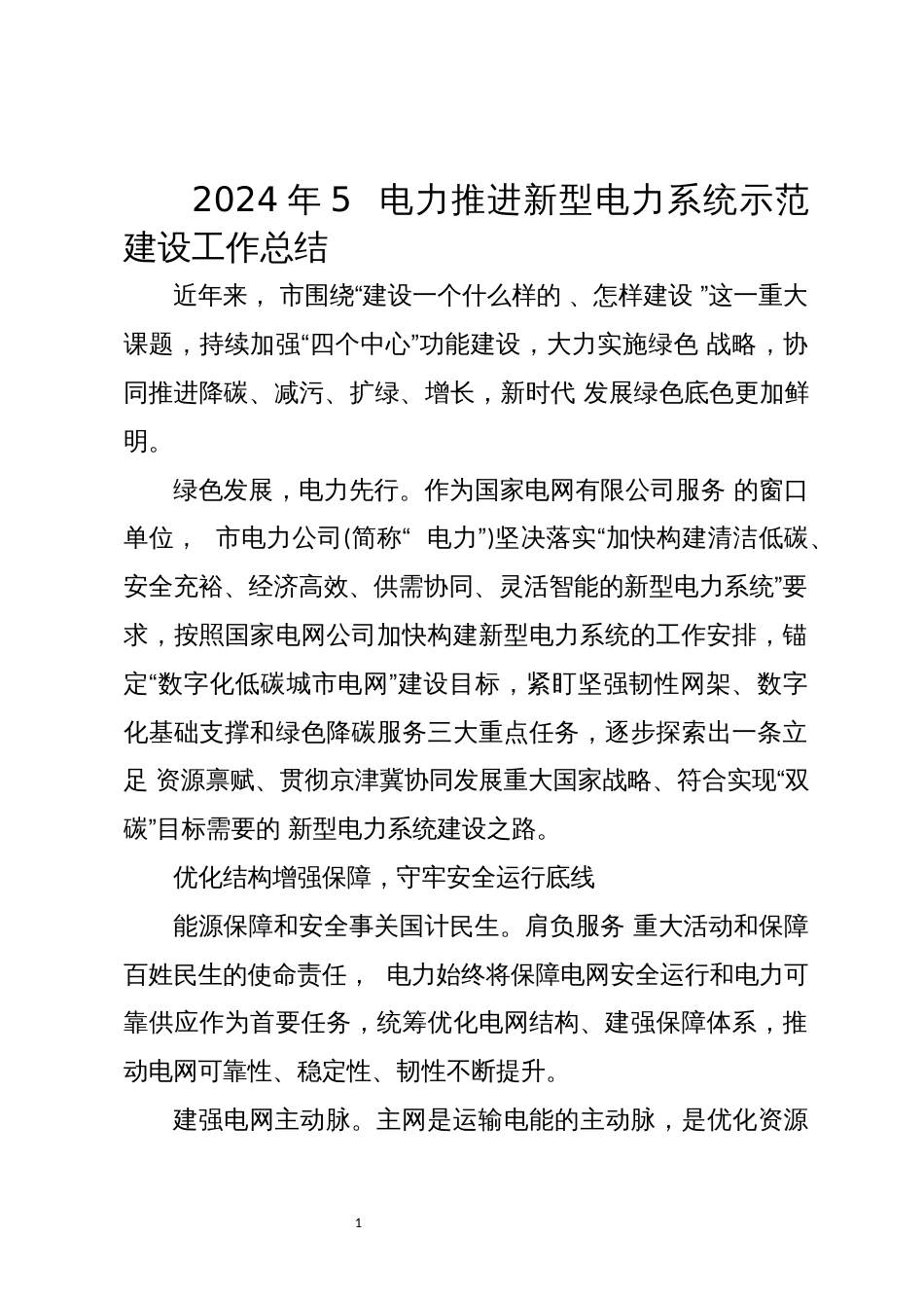 2024年5  电力推进新型电力系统示范建设工作总结_第1页