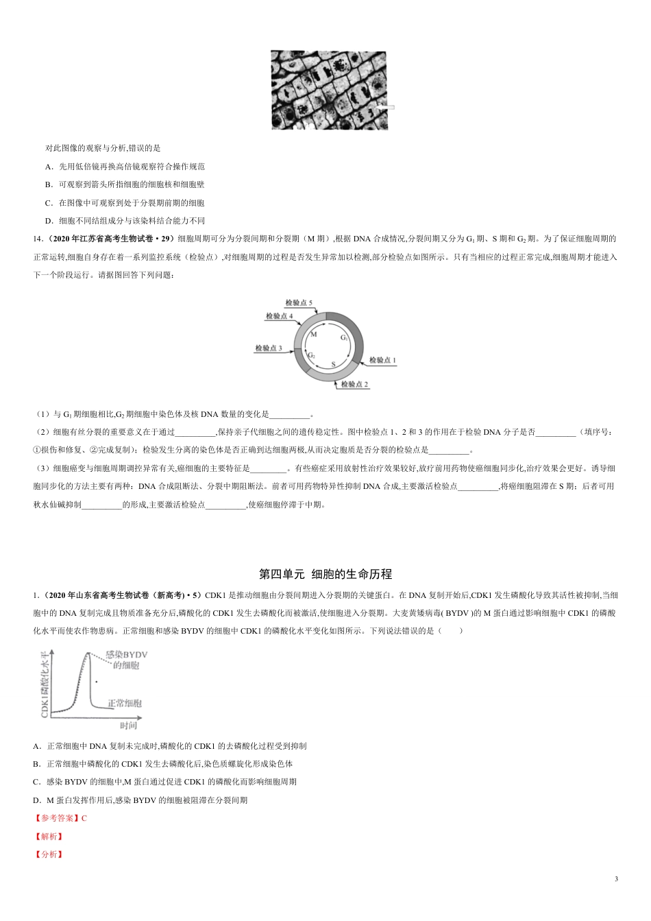 第四单元 细胞的生命历程【真题训练】-2021年高考一轮生物单元复习一遍过（原卷版）附答案_第3页