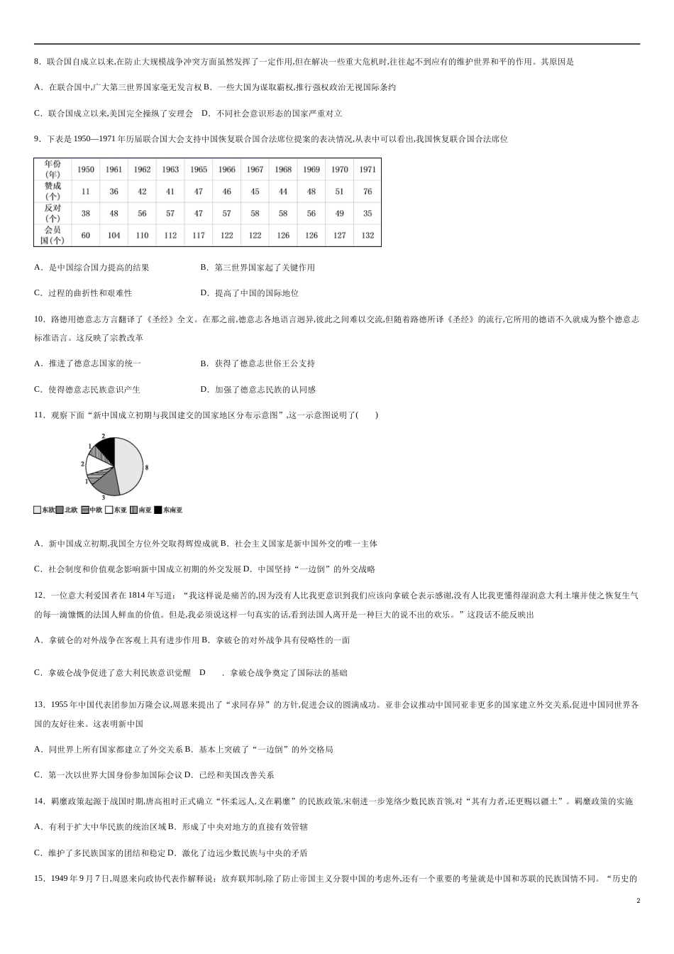 第四单元 民族关系与国家关系【过关测试】—2020-2021学年高二历史单元复习一遍过（选择性必修1国家制度与社会治理）（原卷版）_第2页