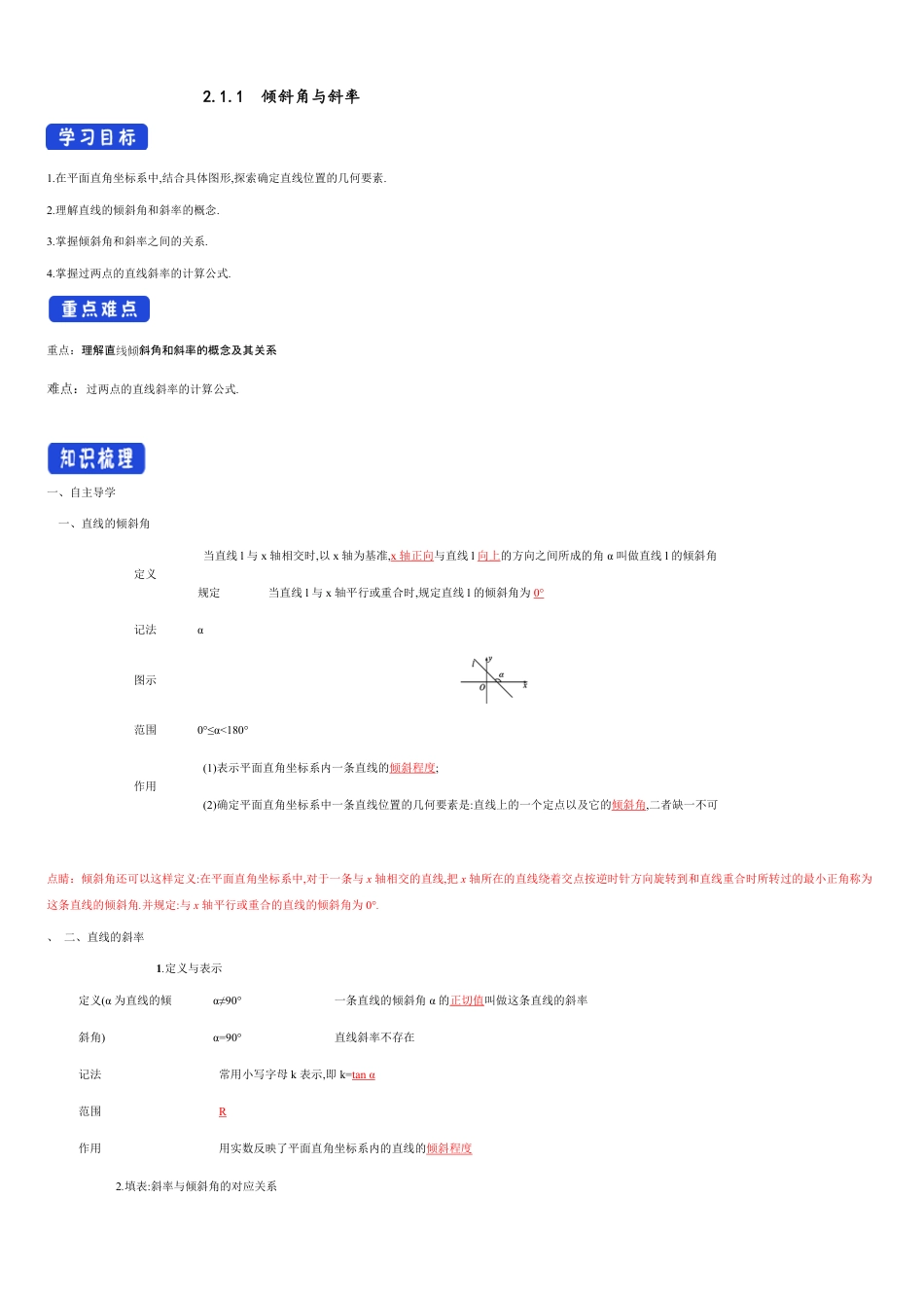 【新教材精创】2.1.1 倾斜角与斜率（导学案）及教学设计-人教A版高中数学选择性必修第一册 _第1页