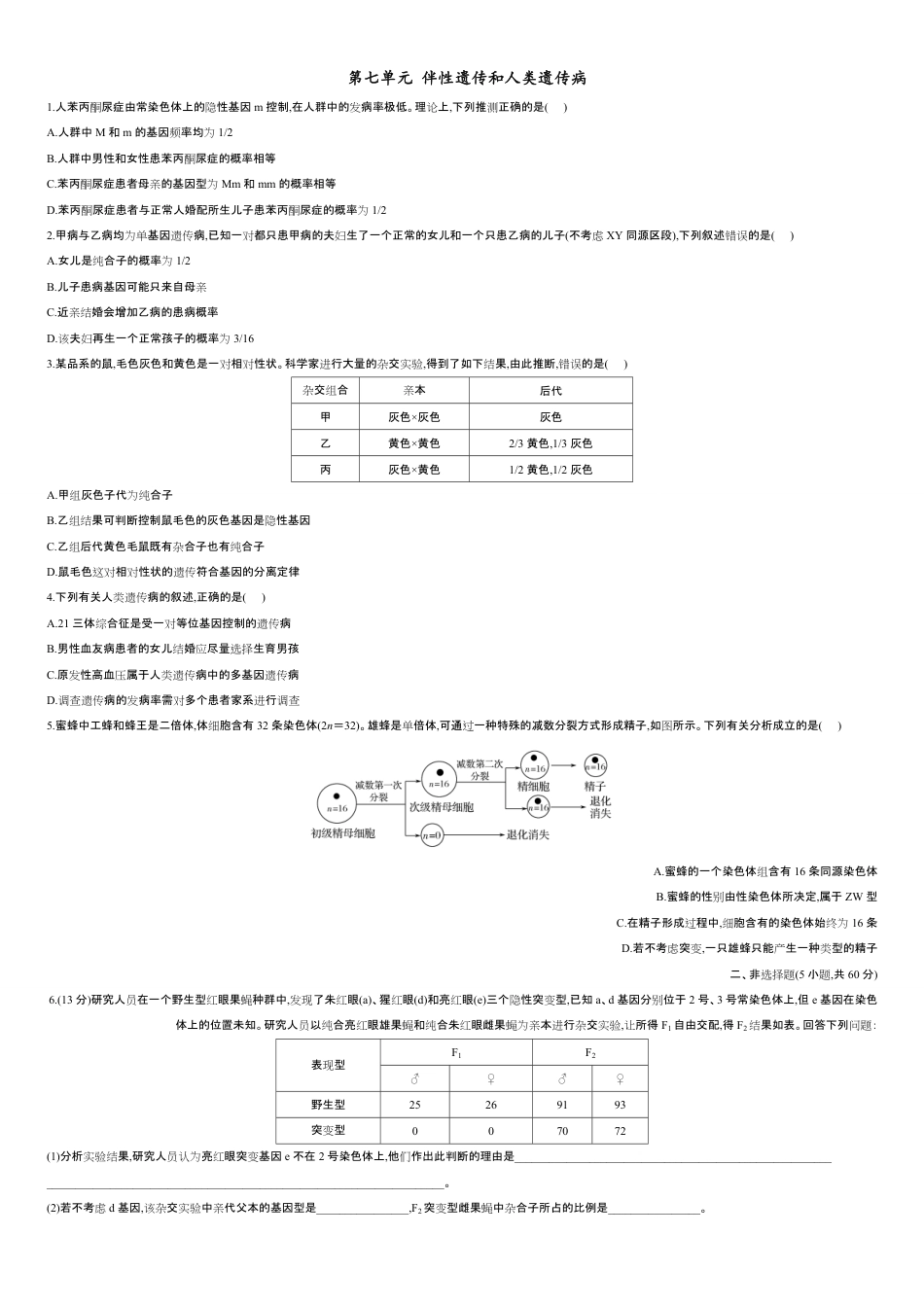 第七单元 伴性遗传和人类遗传病【过关测试】-2021年高考一轮生物单元复习一遍过（原卷版）附答案_第1页