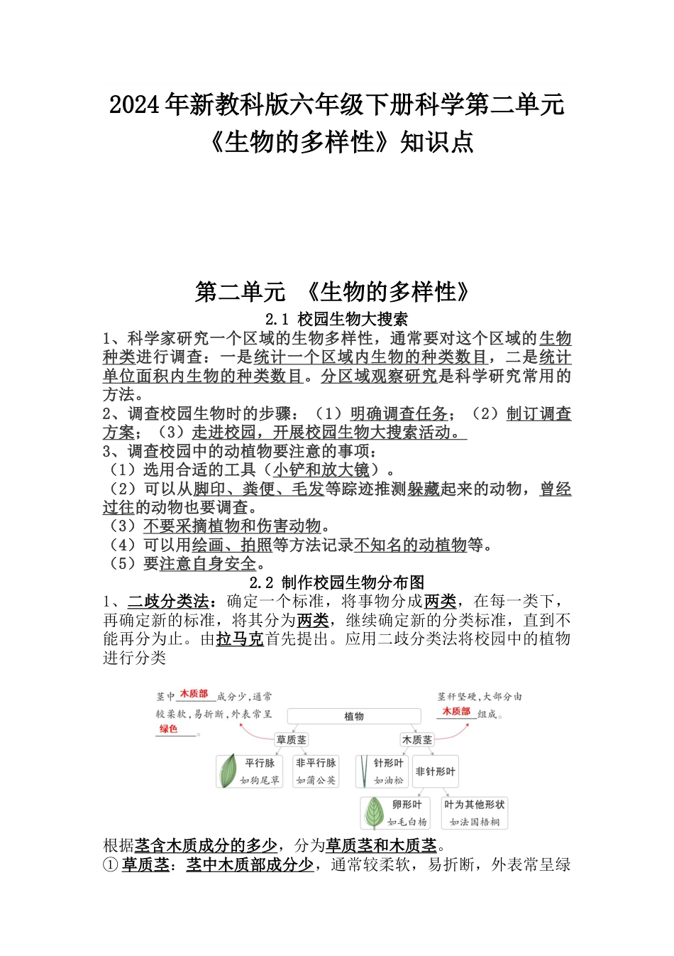 2024年新教科版六年级下册科学第二单元 《生物的多样性》知识点_第1页