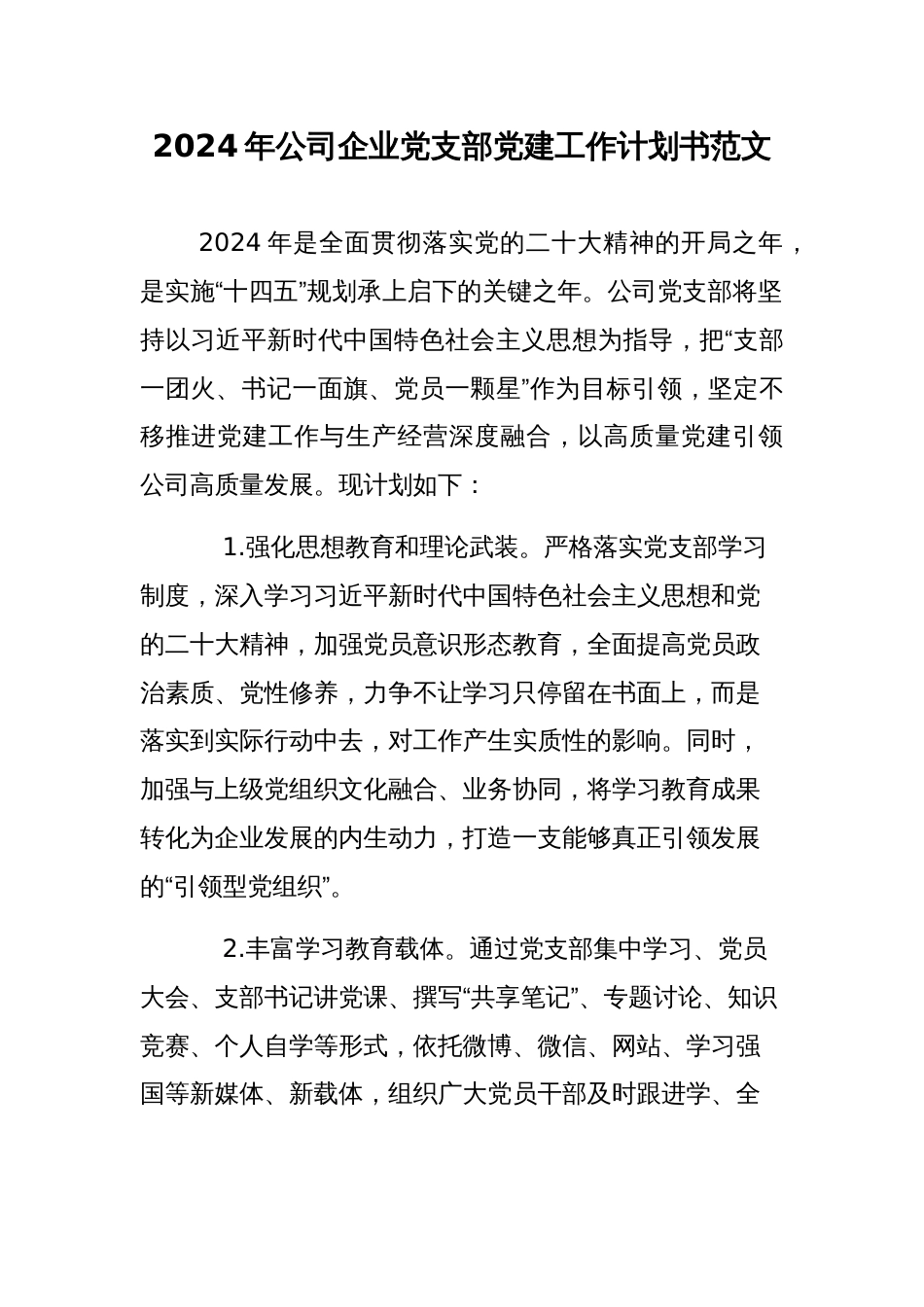 2024年公司企业党支部党建工作计划书范文_第1页