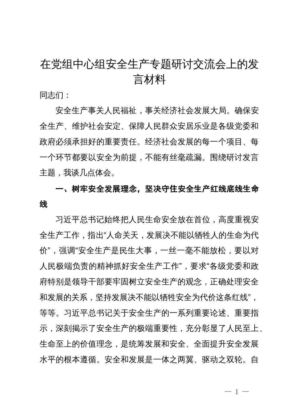 在党组中心组安全生产专题研讨交流会上的发言材料_第1页