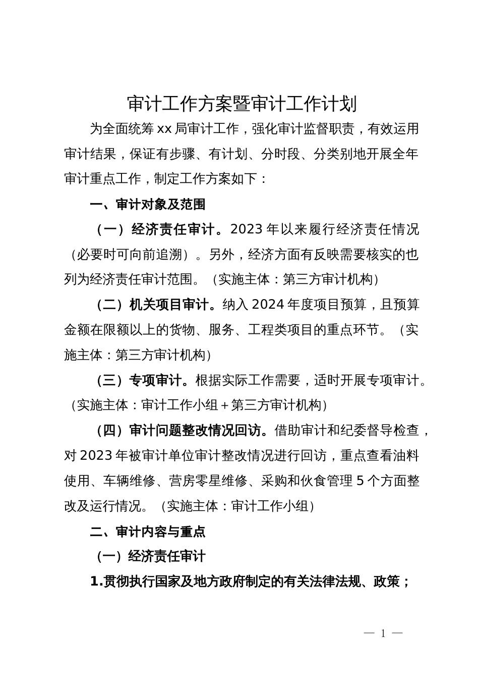 2024年审计工作方案暨审计工作计划_第1页