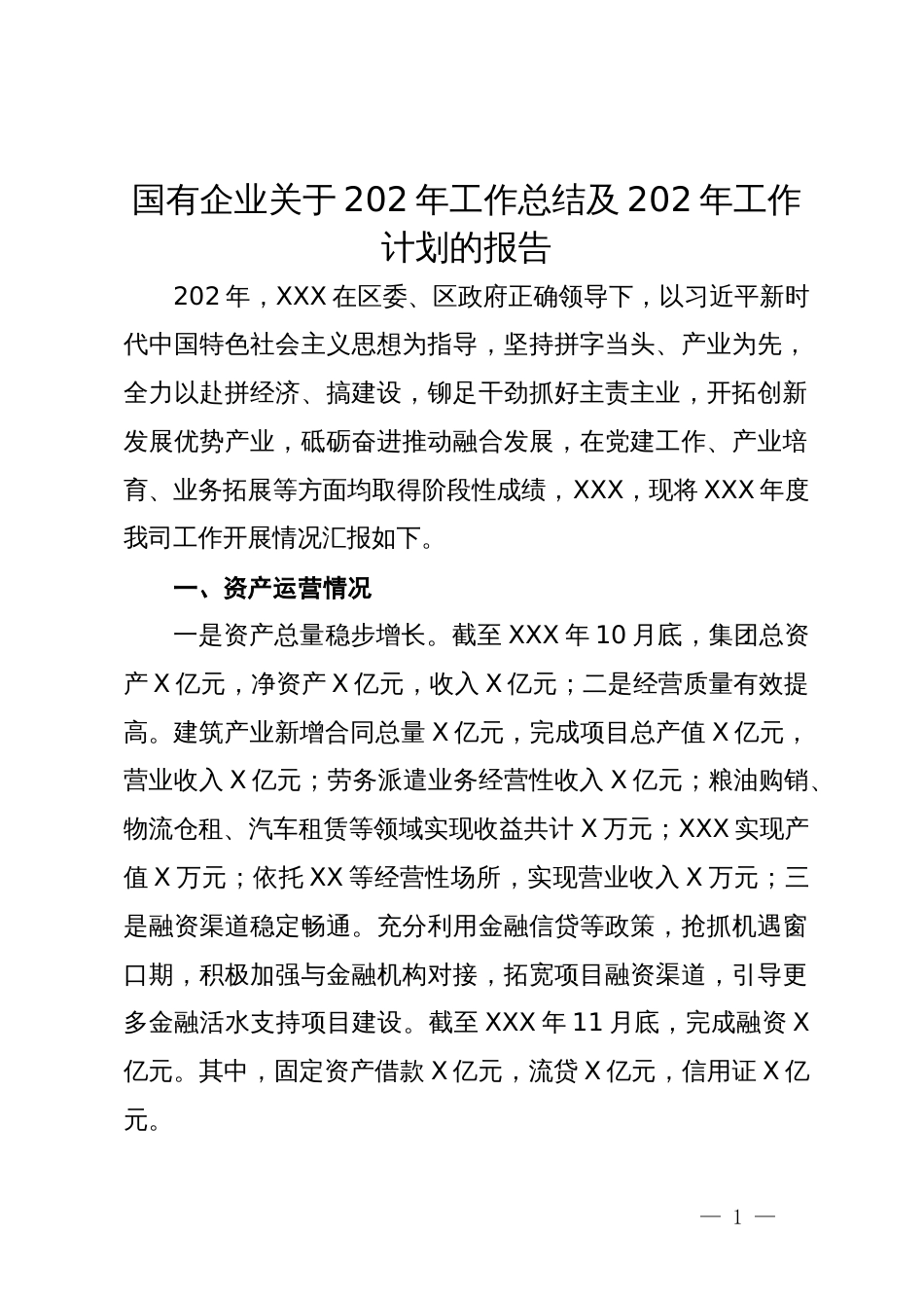 国有企业关于202年工作总结及202年工作计划的报告_第1页