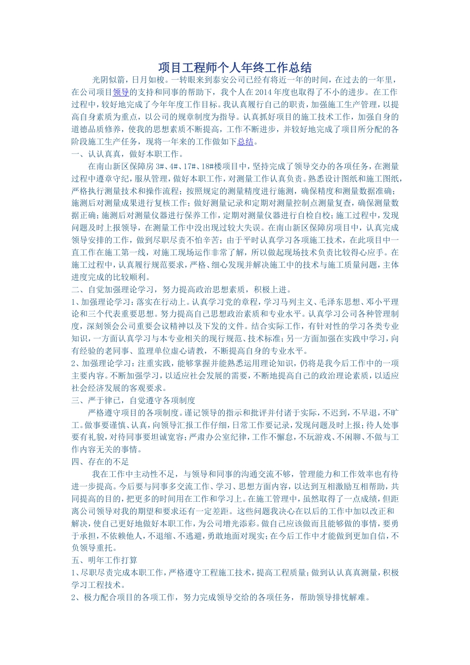 项目工程师个人年终工作总结 行业总结汇总报告_第1页