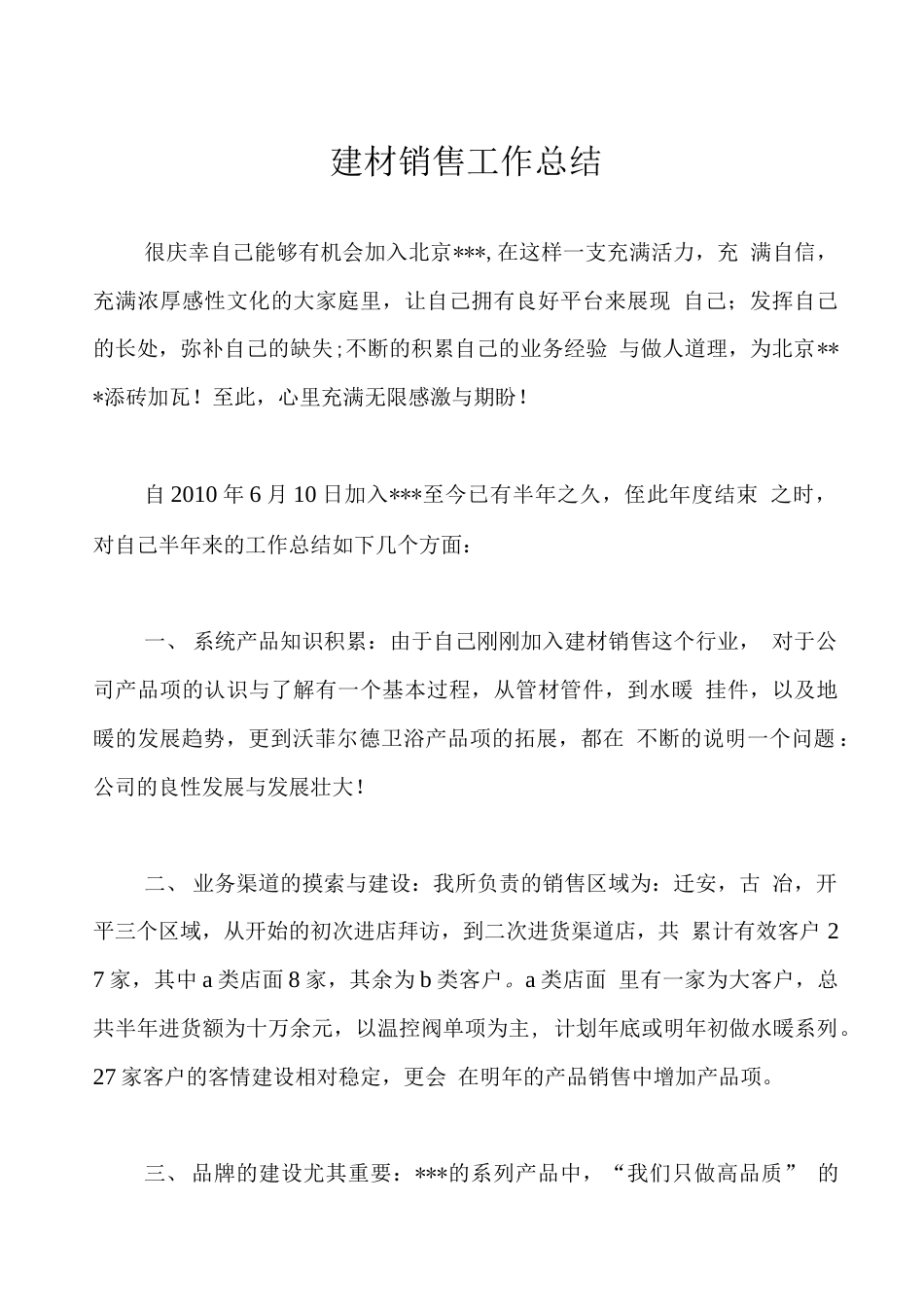 建材销售工作总结 行业总结汇总报告_第1页