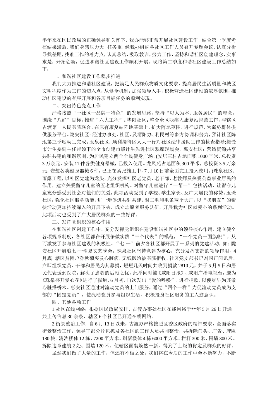 社区建设季度工作总结范文 行业总结汇总报告_第1页