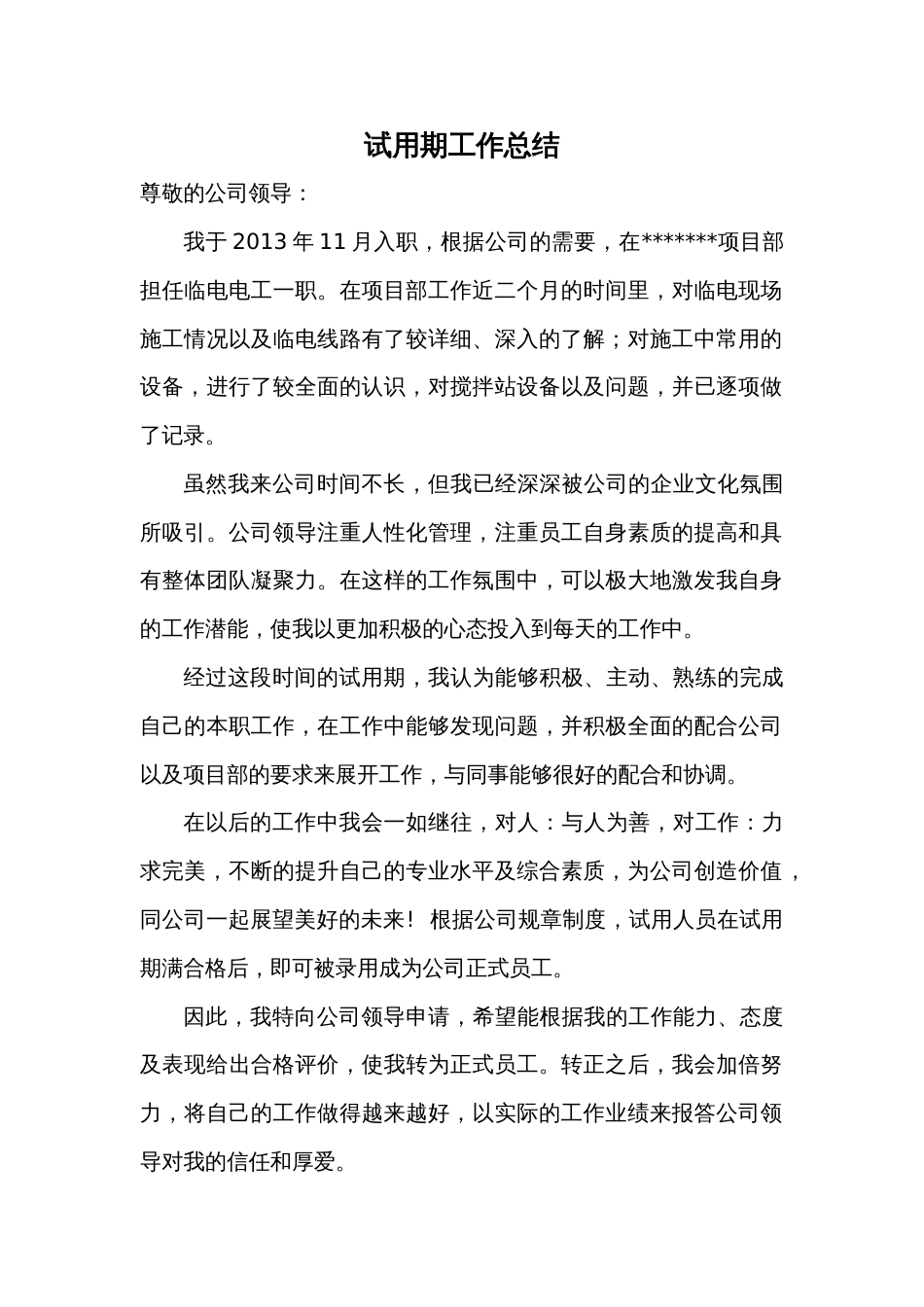 试用期工作总结 行业总结汇总报告_第1页