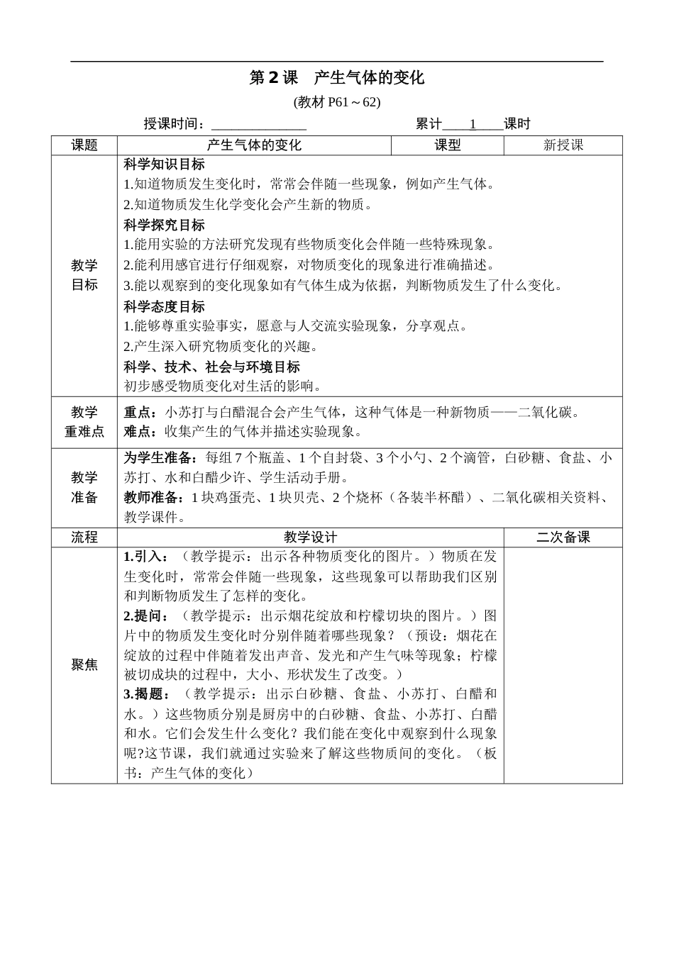 新教科版科学六年级下册第2课 产生气体的变化 教案_第1页