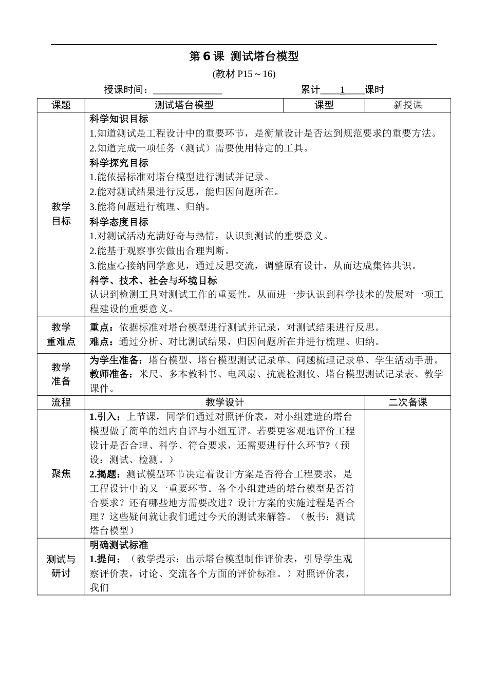 新教科版科学六年级下册第6课 测试塔台模型 教案_第1页