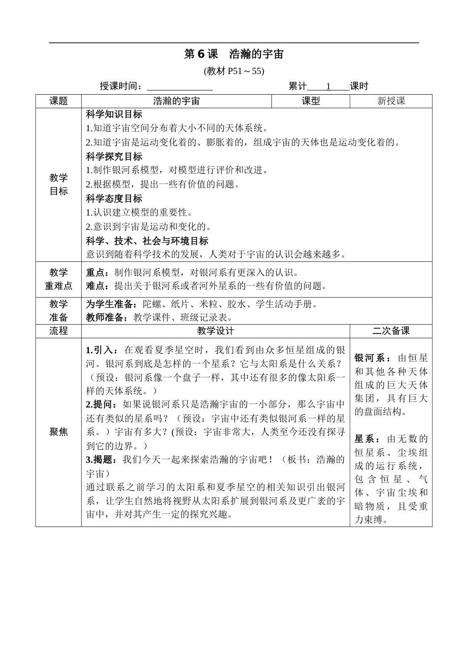 新教科版科学六年级下册第6课 浩瀚的宇宙 教案_第1页