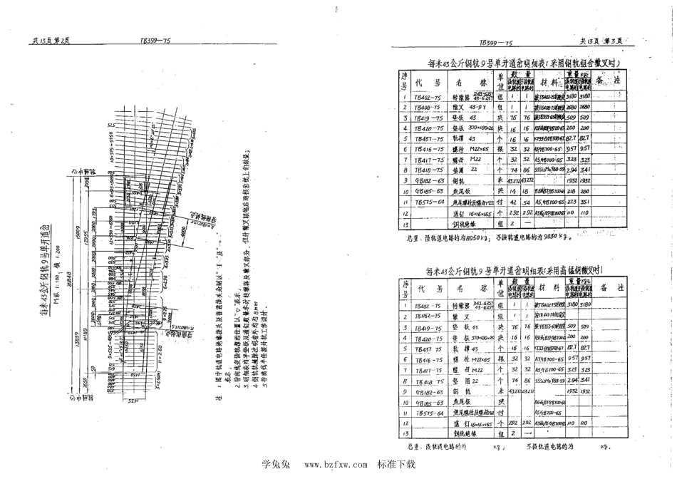 TB∕T 399-1975 每米43和50公斤钢轨9、12号单开道岔(型式尺寸)_第3页