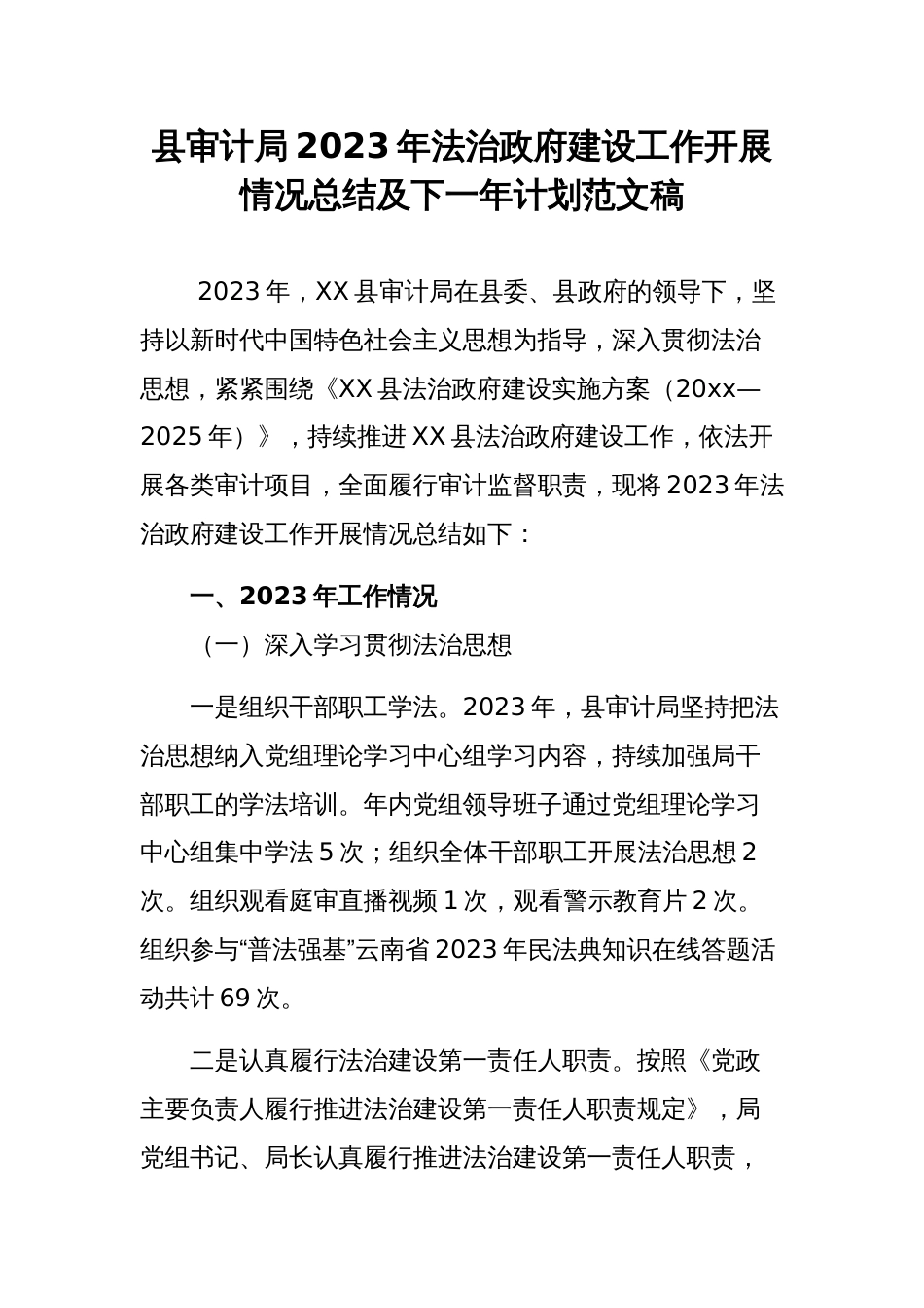 县审计局2023年法治政府建设工作开展情况总结及下一年计划范文稿_第1页