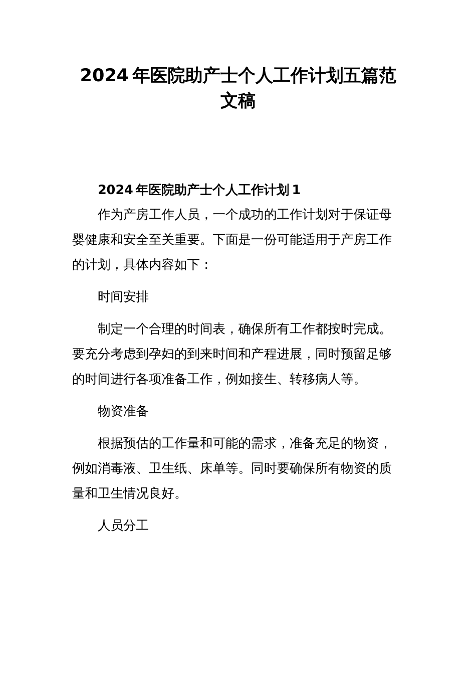 2024年医院助产士个人工作计划五篇范文稿_第1页