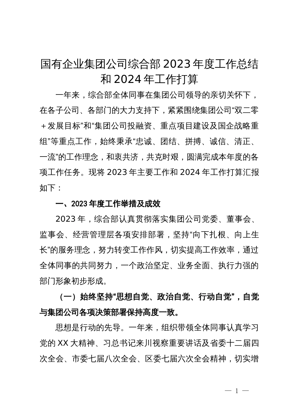 国有企业集团公司综合部2023年度工作总结和2024年工作打算_第1页