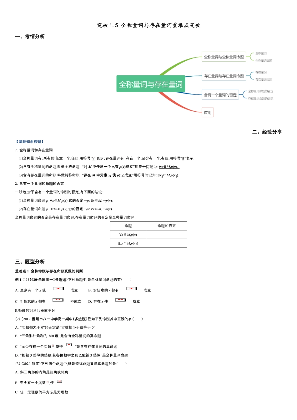 突破1.5 全称量词与存在量词重难点突破-【新教材优创】突破满分数学之2020-2021学年高一数学重难点突破（人教A版2019必修第一册）（原卷版）附答案_第1页