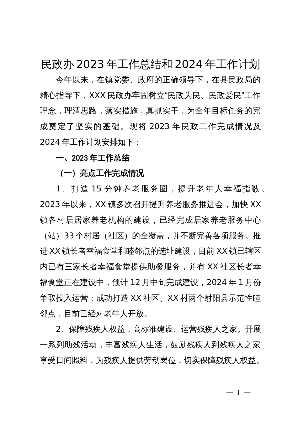 民政办2023年工作总结和2024年工作计划_第1页