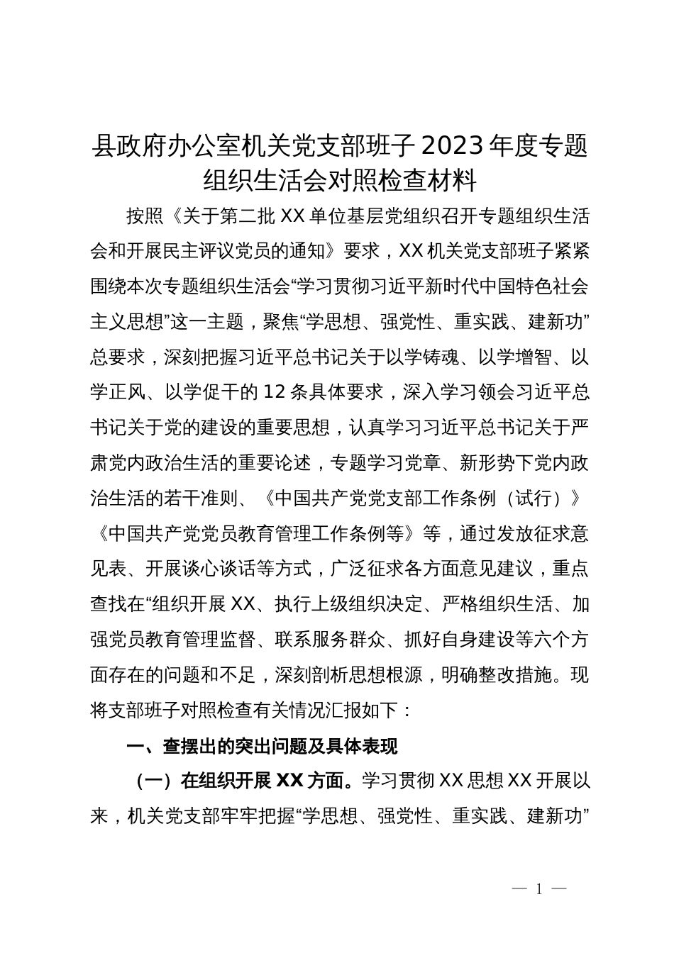 县政府办公室机关党支部班子2023年度专题组织生活会对照检查材料_第1页