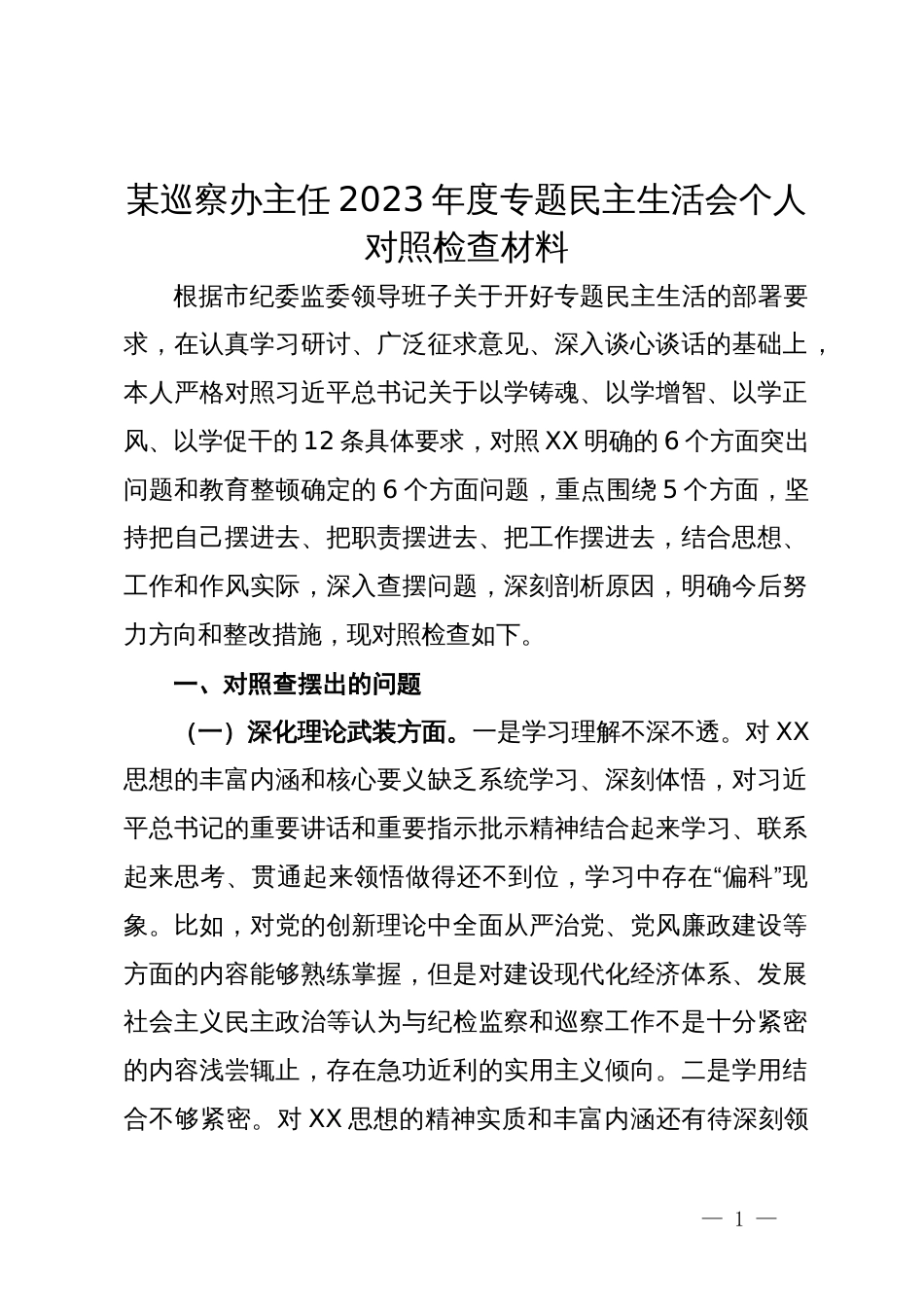 某巡察办主任2023年度专题民主生活会个人对照检查材料_第1页