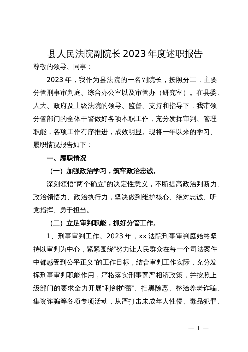 县人民法院副院长2023年度述职报告_第1页