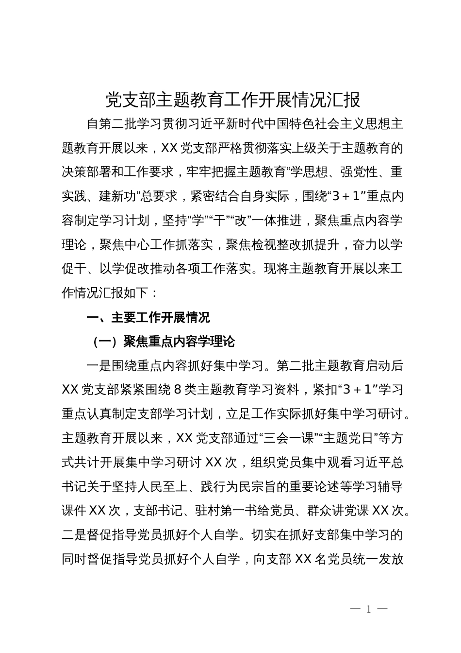 村党支部主题教育工作开展情况汇报_第1页