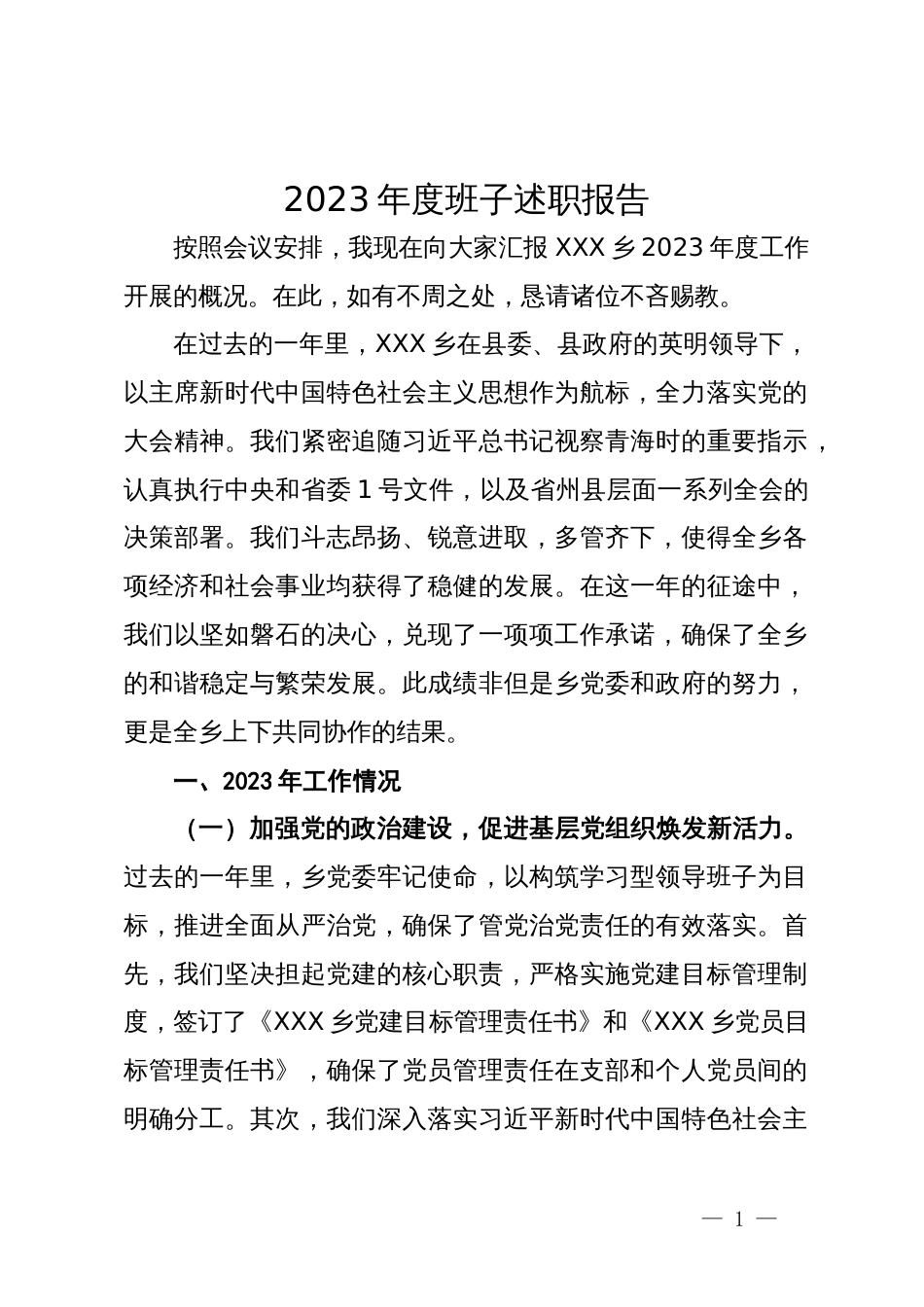 某乡2023年度班子述职报告_第1页