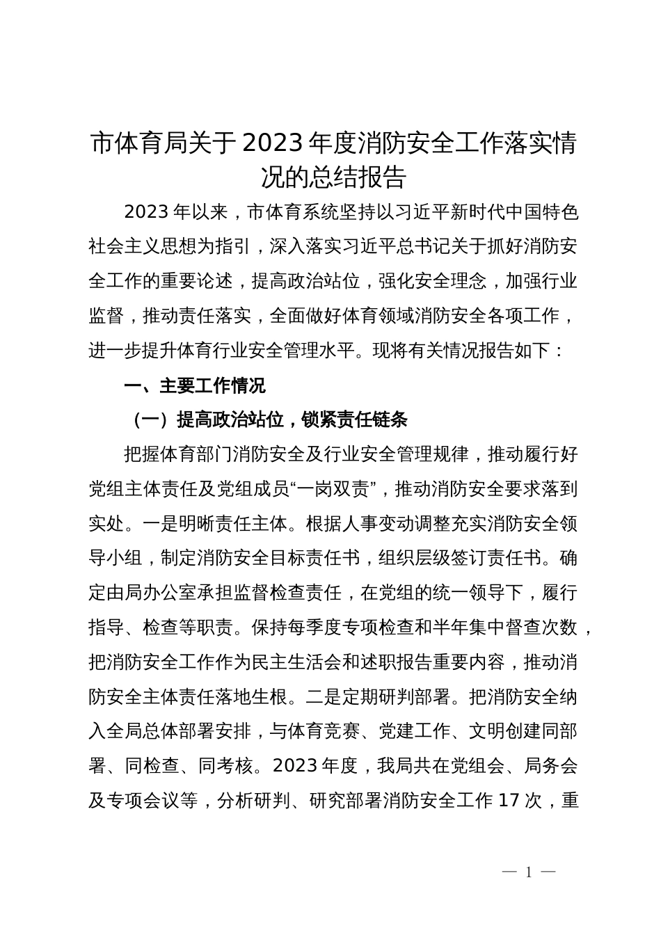 市体育局关于2023年度消防安全工作落实情况的总结报告_第1页