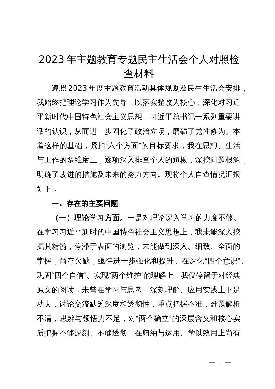 区政法委书记2023年主题教育专题民主生活会个人对照检查材料_第1页