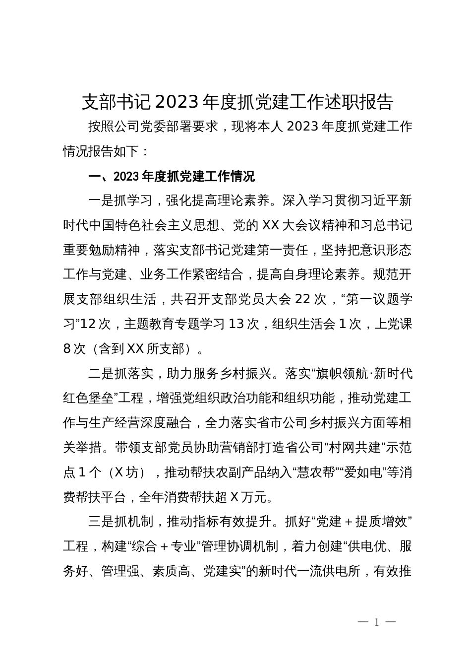 支部书记2023年度抓党建工作述职报告_第1页